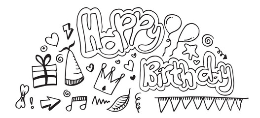 set of hand drawn doodle cartoon objects and symbols on the birthday party.