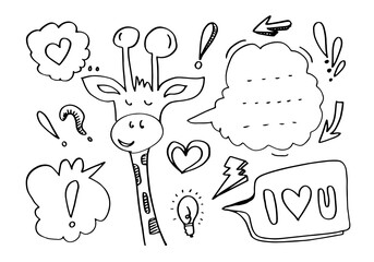 Vector illustration of a giraffe in thinking style and other elements.