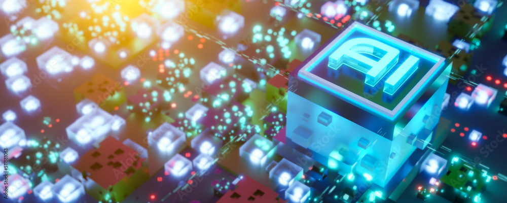 Poster abstract computer digital chip processor and ai sign. electronic components on circuit board. artifi