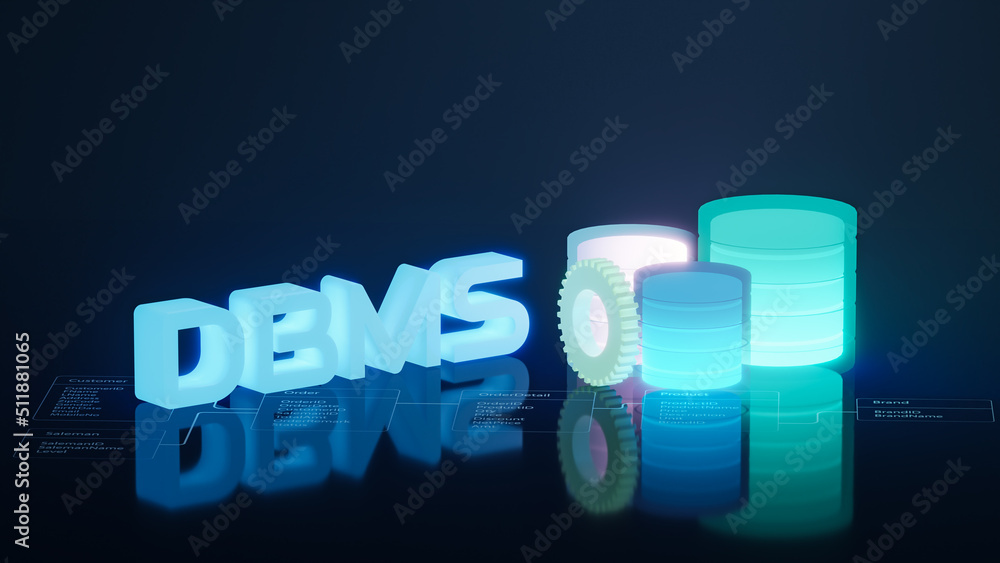 Poster DBMS (database management system) and database icon. 3D Rendering.