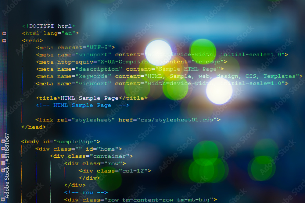 Poster HTML code on computer monitor and server room background.