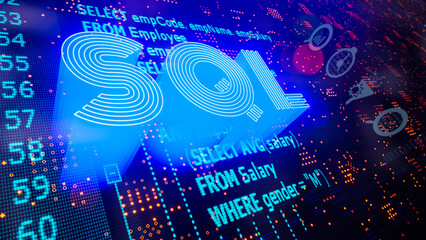 SQL word and SQL statements (Structured Query Language) code on a blue background. 3D illustration.