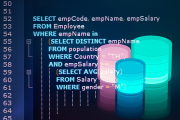 Close-up photo from a computer screen SQL (Structured Query Language) code and with Database. Example of SQL code to query data from a database.