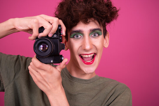 Drag Queen And Selfie. Funny Attractive Guy In Make-up.