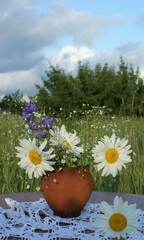 bouquet of wild flowers in a clay vase in the garden