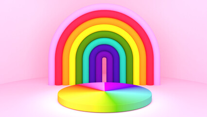 Rainbow stand on a Rainbow background,mock up podium for product presentation,3D rendering