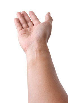 Male asian hand gestures isolated over the white background. Beg Action. First person view.