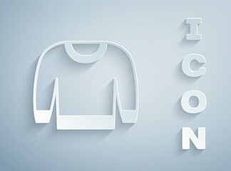 Paper cut Sweater icon isolated on grey background. Pullover icon. Sweatshirt sign. Paper art style. Vector