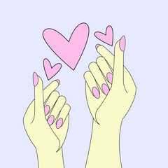 Mini heart Korean love. Hand with heart, finger heart. Vector illustration