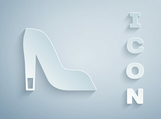 Paper cut Woman shoe with high heel icon isolated on grey background. Paper art style. Vector