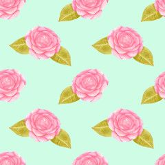 Handdrawn roses seamless pattern. Watercolor pink flowers with green leaves on the mint background. Scrapbook design, typography poster, label, banner, textile.