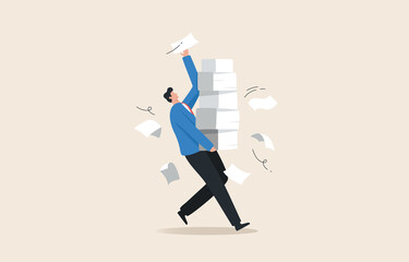Documentation staff. Responsibilities beyond the limit. Working too hard. An employee or businessman holds a large pile of documents.