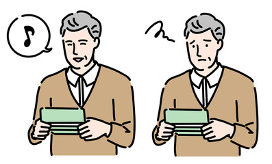 通帳を見て一喜一憂しているシニアの男性のセット