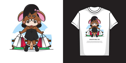 Cartoon Character of Adorable Oxen Girl is Holding Shopping Bag with T-Shirt Mockup Design