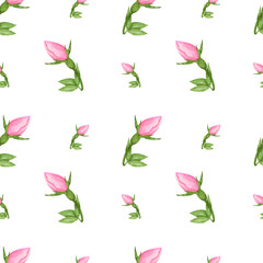 Handdrawn roses buds seamless pattern. Watercolor pink buds with green leaves on the white background. Scrapbook design elements. Typography poster, label, banner design set, textile.