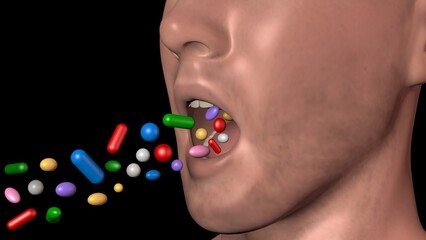 Person swallowing pills . 3d render illustration
