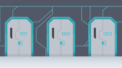 近未来な雰囲気の扉が並んだ廊下_かっこいいゲートのイラスト_16:9