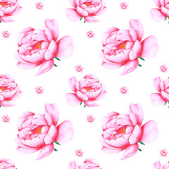 Handdrawn peony flowers seamless pattern. Watercolor pink peony on the white background. Scrapbook design, typography poster, label, banner, textile.