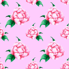 Handdrawn peony flowers seamless pattern. Watercolor pink peony on the pink background. Scrapbook design, typography poster, label, banner, textile.