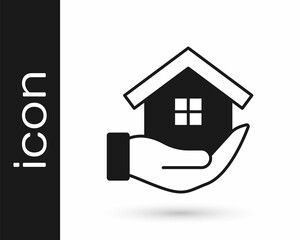 Black House in hand icon isolated on white background. Insurance concept. Security, safety, protection, protect concept. Vector
