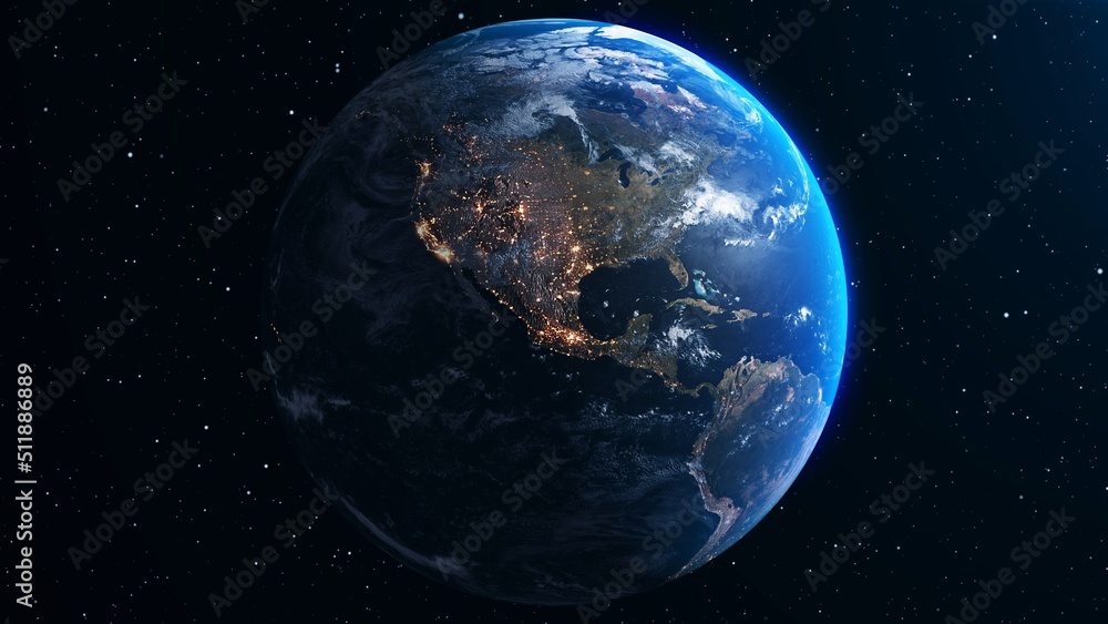 Poster planet earth with realistic geography surface and orbital 3d cloud atmosphere . outer space view of 