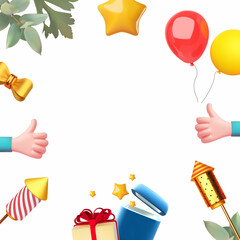 Cool celebration design template with 3D balloons, stars, hearts, open gift box, bow, ok hand gesture and rocket fireworks