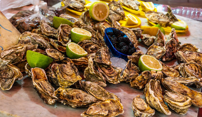 gourmet ousters closeup on a table with lemon, seafood market ,  sea goods on trading floor, lifestyle of a marine port