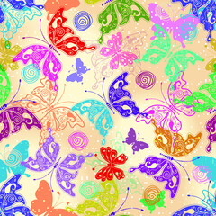 Fototapeta na wymiar Seamless pattern with multi-colored carved silhouettes of butterflies on a spotted light background. Vector eps 10
