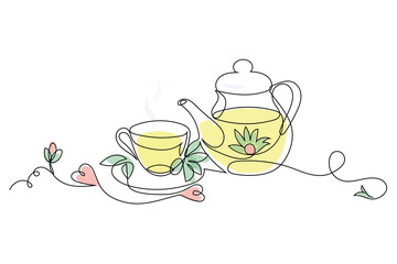line art vector, teapot and cup with hot green tea