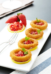 Closeup strawberry tart snack on wooden table