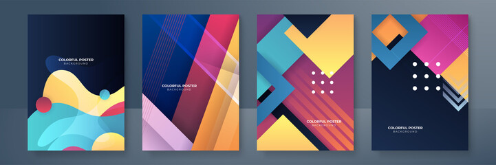 Creative colorful covers or posters set in trendy minimal gradient geometric style for background, corporate identity, branding, social media advertising, promo. Modern template with dynamic shapes
