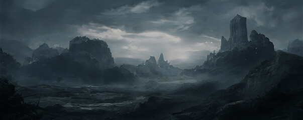 Fantasy mountain landscape with sunset. Foggy sunset, mountains, mountain river, gorge. Abstract fantastic futuristic landscape. 3D illustration. © MiaStendal