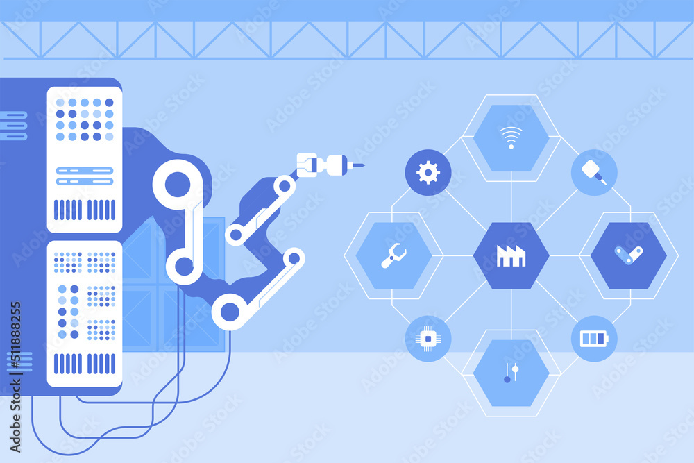 Poster control point and computer screens in server room. flat color vector illustration. data center equip