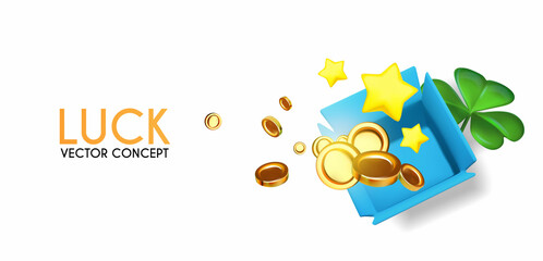 Jackpot! Your lucky bonus. Win concept with golden coins, shamrock, flying out of the openn box.