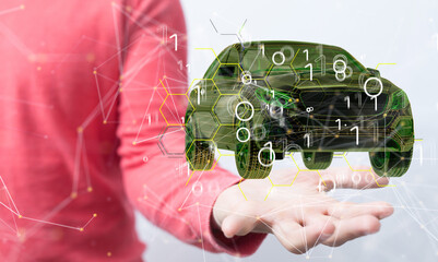 Autonomous car with HUD graphic of Navigation system driving