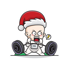 Cartoon Illustration of Baby Santa Astronaut Lifting a Barbell