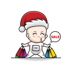 Obraz na płótnie Canvas Cartoon Illustration of Baby Santa Astronaut Carrying Shopping Bags