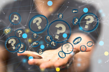 Businessman solving problem with digital question marks 3D rendering