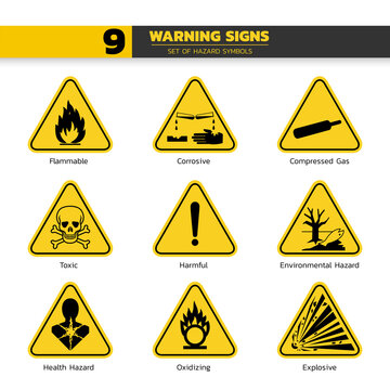 set of isolated  hazardous symbols on yellow round triangle board warning sign for pictograms, icon, label, logo or package industry etc. paperwork flat style vector design.