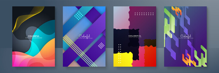 Naklejka na ściany i meble Creative colorful covers or posters set in trendy minimal gradient geometric style for background, corporate identity, branding, social media advertising, promo. Modern template with dynamic shapes