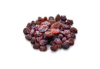 Dried raisins in spoon on white background.
