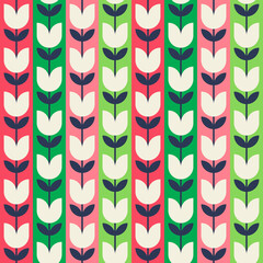 Retro geometric tulip and leaf seamless pattern with striped background. Christmas holidays vector concept.