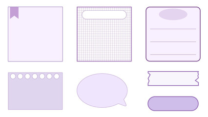 set of the cute purple planner template notepad, memo, grid paper, sticky note, reminder, journal, and bubble. cute, simple, and printable for your design