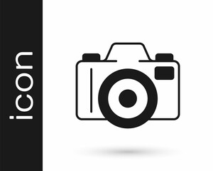 Black Photo camera icon isolated on white background. Foto camera. Digital photography. Vector