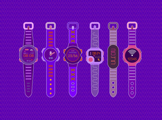 Montres connectées. Six appareils colorés isolés sur un fond violet Illustration vectorielle des Smartwatches et des trackers de fitness. Utilisable comme éléments de conception pour NFT généré.