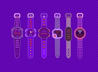 Foto op Canvas Slimme horloges. Zes gekleurde apparaten geïsoleerd op een violette achtergrond Smartwatches en Fitness Trackers vector illustratie. Bruikbaar als ontwerpelementen voor gegenereerde NFT. ©  danjazzia