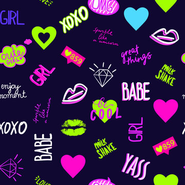 Girls seamless pattern with hearts, words and hand drawing elements. Texture background for textile, graphic tees, kids wear. Wallpaper for teenager girls. Fashion style. 