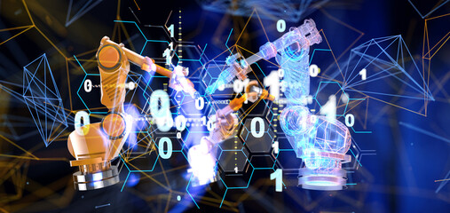 Neural network 3D illustration. Big data and cybersecurity