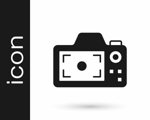 Black Photo camera icon isolated on white background. Foto camera. Digital photography. Vector