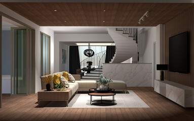 Modern interior design of house, living room with sofa, staircase 3d rendering